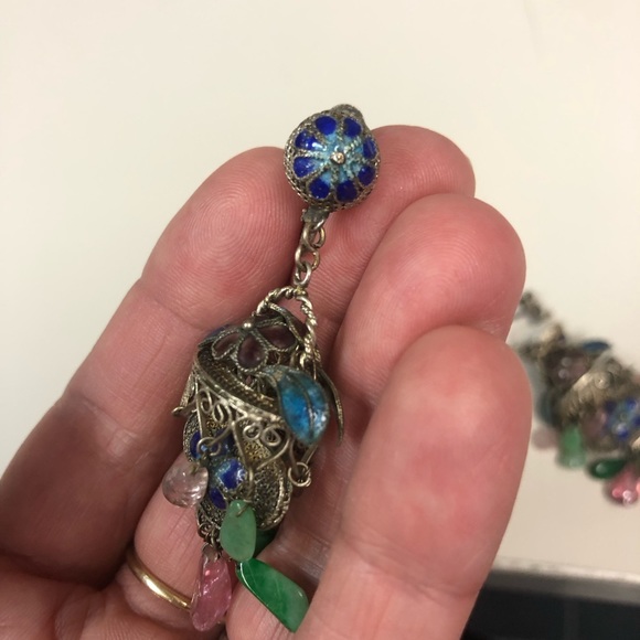 Antique art deco chinese silver tone tourmaline and jade enamel earrings - Picture 2 of 7